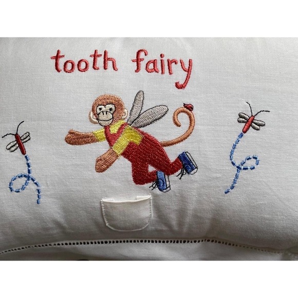 Other - Monkey Tooth Fair Embroidered Pillow Linen Vintage With Pocket 524P